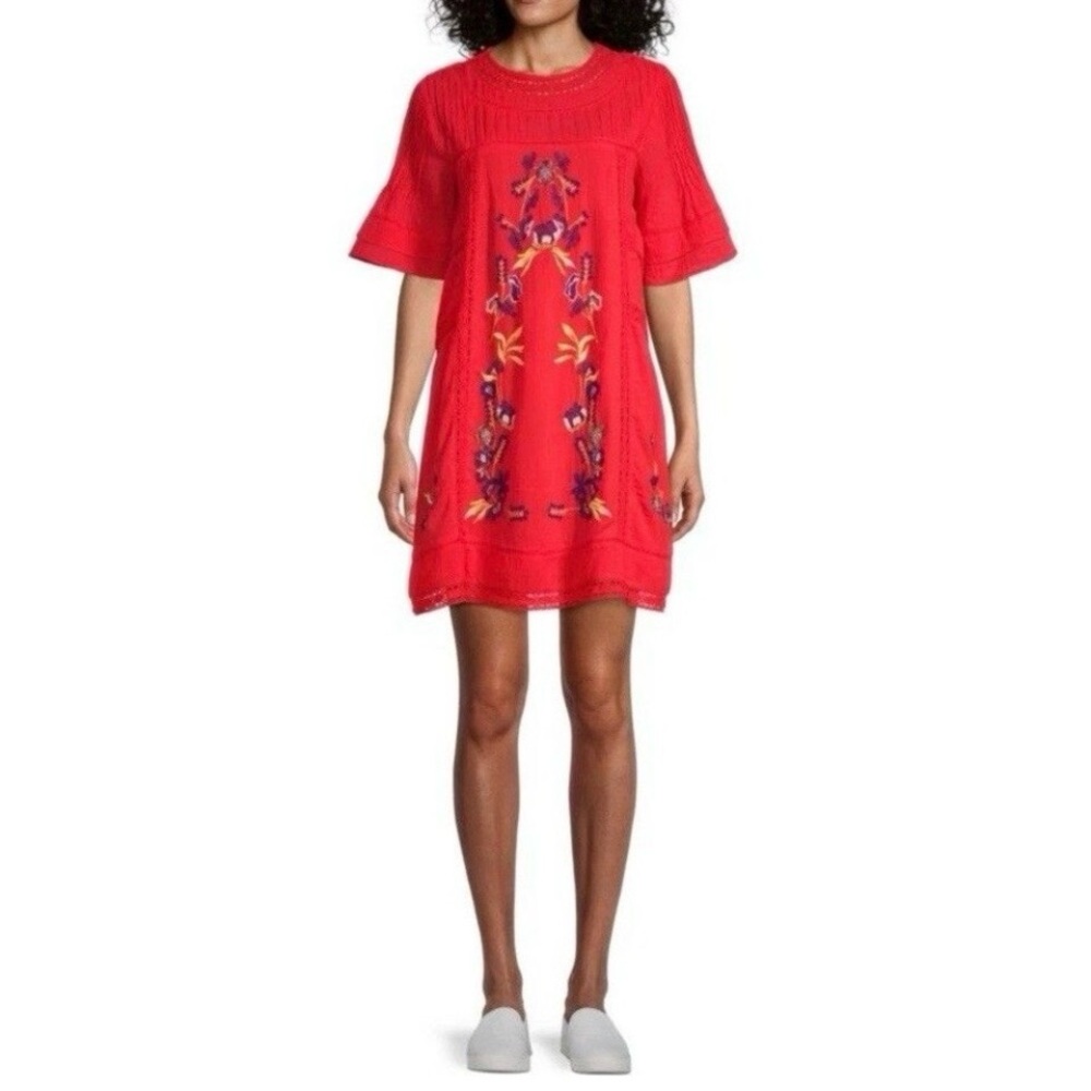 Free People Perfectly Victorian Gauze Embroidered Boho Peasant Tunic Dress M